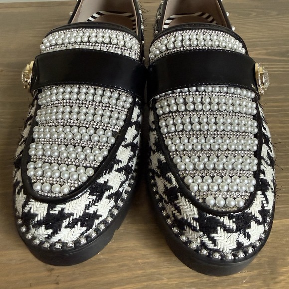 Betsey Johnson Women's 7.5 Miriam Houndstooth Pearl Rhinestone Studded Loafers - Picture 5 of 10